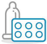 Illustrated icon of a blister pack of medical tablets and a condom