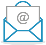 Illustrated icon of an envelope containing a letter, with an email symbol on it
