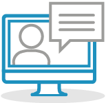 Illustrated icon of a monitor screen showing an individual and speech bubble