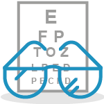 Illustrated icon of a optician chart and a pair of glasses