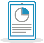 Illustrated icon of an iPad screen showing a pie chart and business report