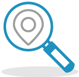 Illustrated icon of a magnifying glass and location icon
