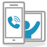 Illustrated icon of a mobile phone making a call and a tablet showing a figure waving