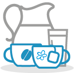Icon style jug of water and cups aof tea and coffee