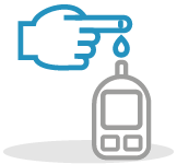 Icon style images of a hand and blood sugar monitor