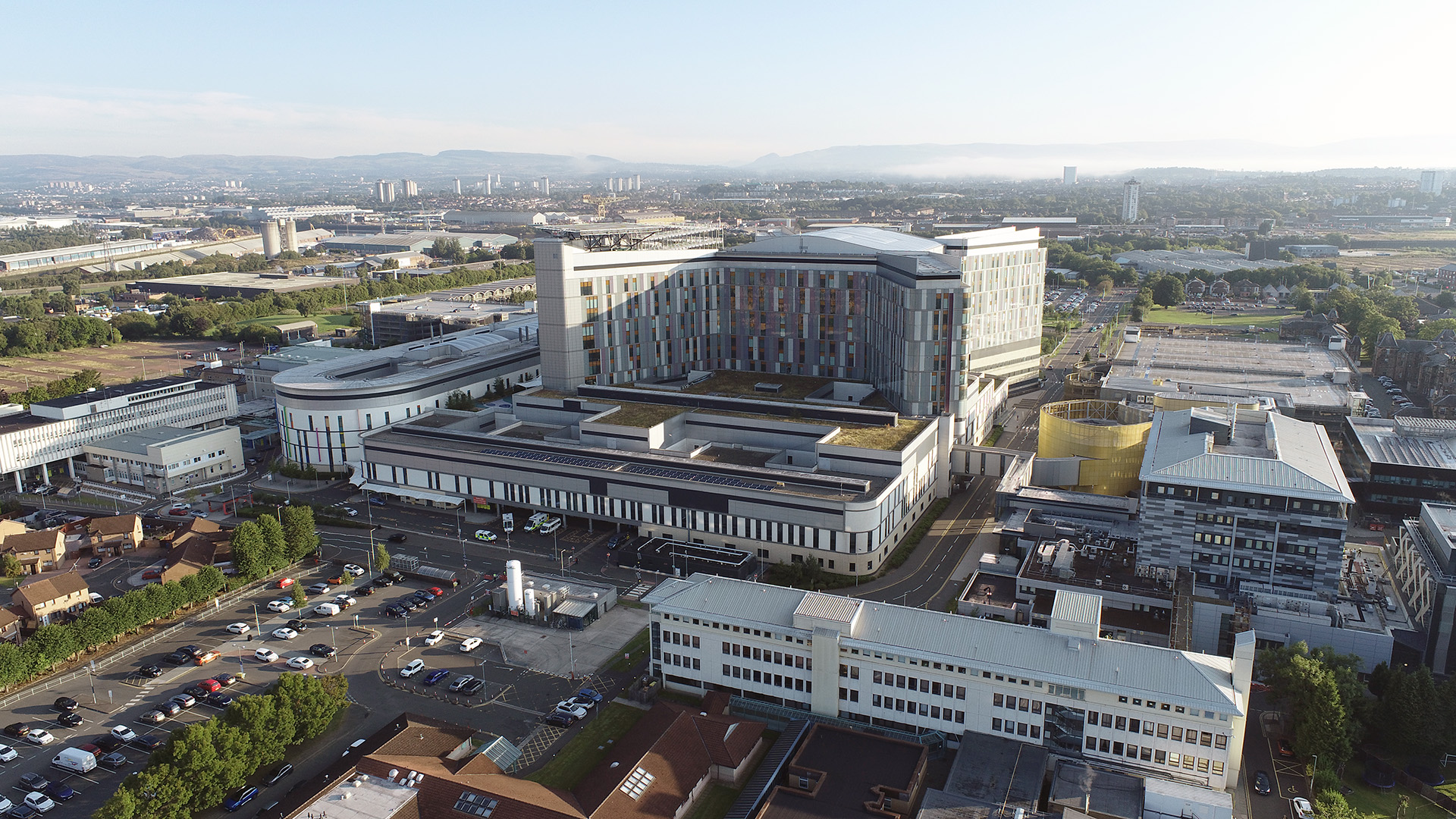 An aerial view of the Queen Elizabeth University Hospital campus, showing the main buildings.