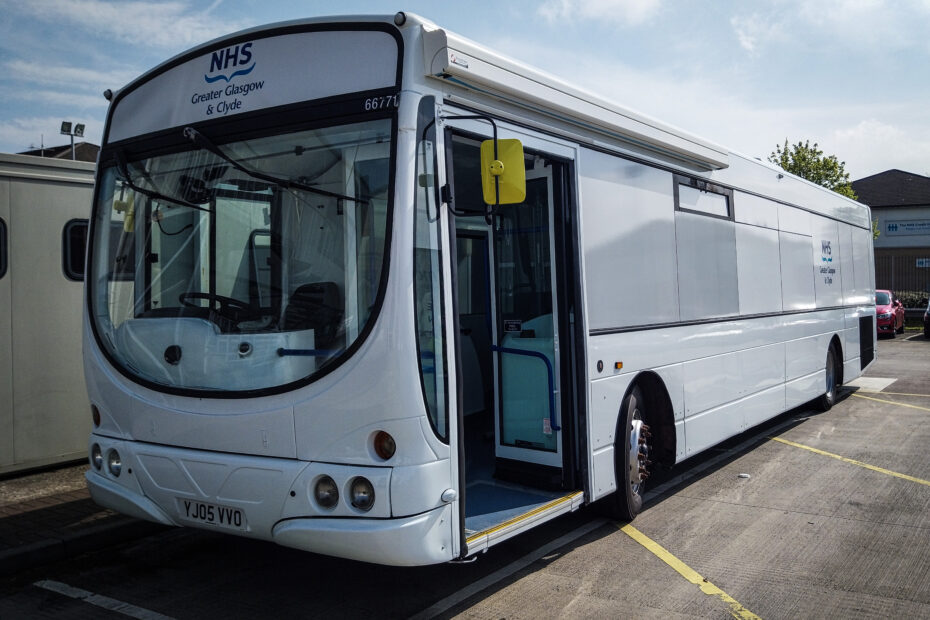 The new mobile clinical unit, a converted bus in NHSGGC livery, ahead of launch in June.