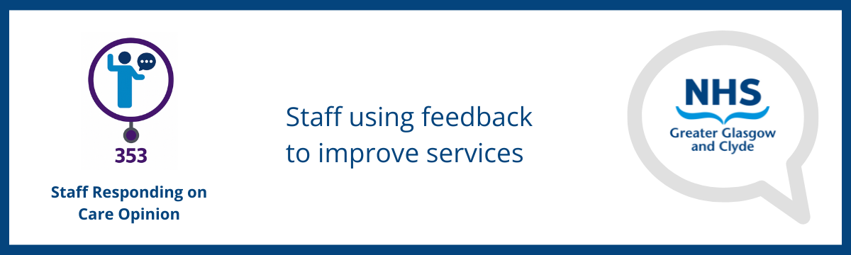 Graphic showing NHSGGC Engagement Statistics with 353 staff responding on care opinion.