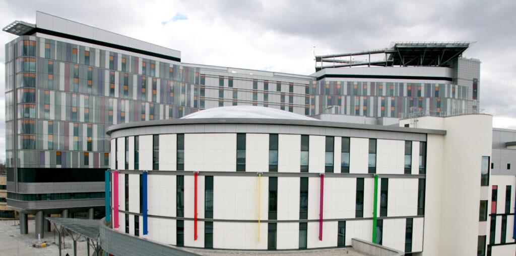 External shot of Royal Hospital for Children, with Queen Elizabeth University Hospital in background.