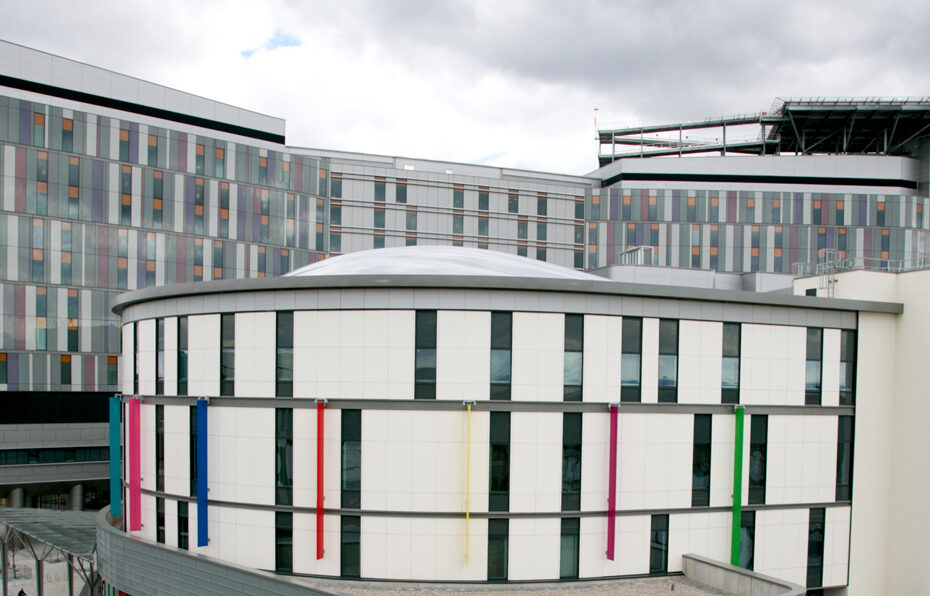 External shot of Royal Hospital for Children, with Queen Elizabeth University Hospital in background.
