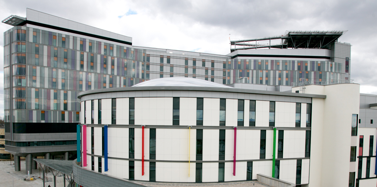 External shot of Royal Hospital for Children, with Queen Elizabeth University Hospital in background.