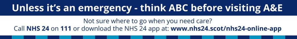 A small banner graphic which says Unless it's an Emergency - Think ABC before A&E. The telephone number 111 is provided for people to contact NHS 24