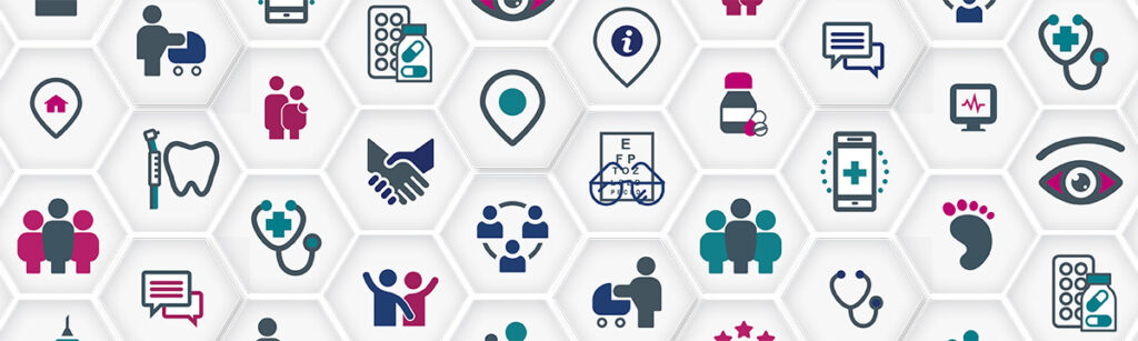 Hexagon shapes showing icons representing primary care services