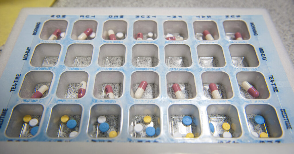 A pill box containing pulls for taking four times a day, thoughout a weel.