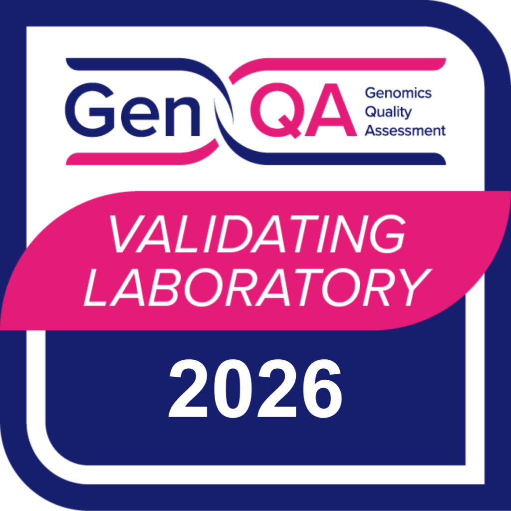 Blue and pink graphic for accreditation which displays the words 'GEN QA Geonomics, Quality Assessment Validating Laboratory 2026'