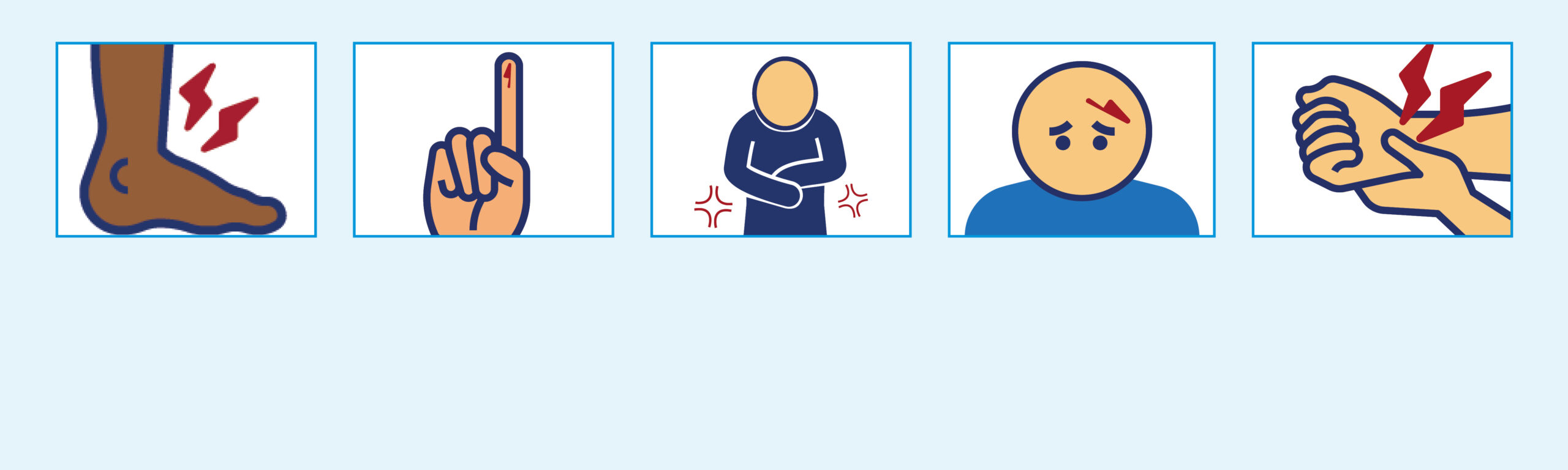 Cartoon images of illnesses and images: Injured ankle, cut finger, stomach ache,  cut head and injured wrist