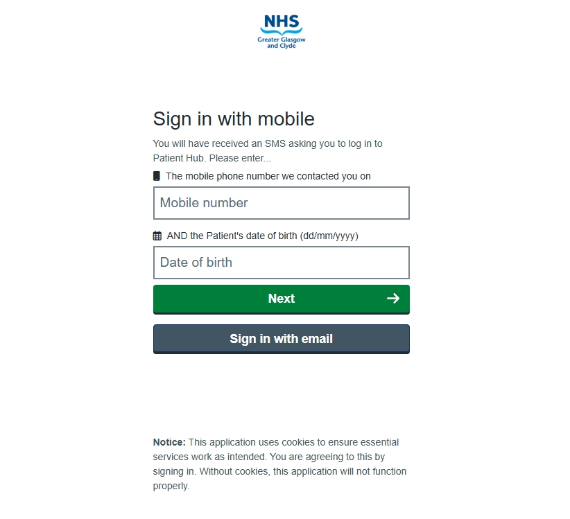 Screenshot photo of the Patient Hub log in page which asks user for Mobile Number and Date of Birth to Log in
