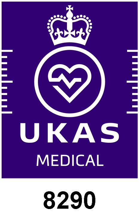 Purple UKAS accreditation graphic which displays crown with heart icon and words 'UKAS MEDICAL' along with a number reference 8290