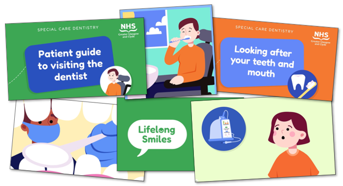 Montage of images from Lifelong Smiles videos, showing individual frames from a number of videos. Have text, others have simple cartoon images of people showing various aspects of oral care.