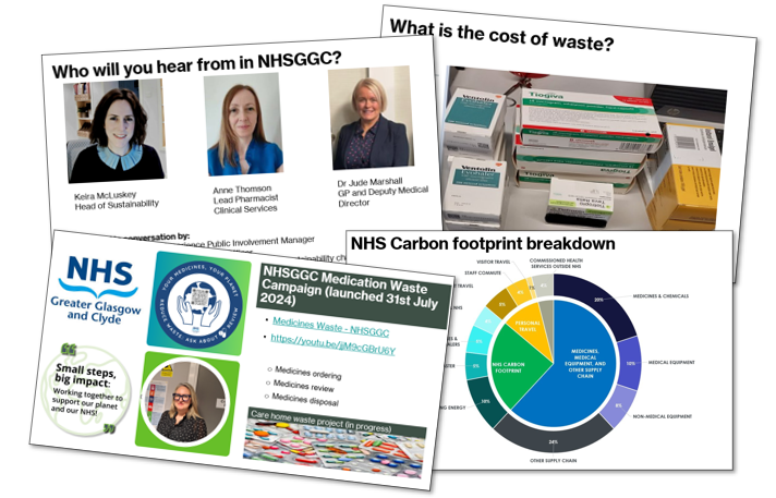 A montage of our slides from the Medicines Waste event, showing the three participants, boxes of medicines under the headline 'What is the cost of waste?', detailing the recent medicines waste campaign, and a pie chart breaking down the carbon footprint of the NHS