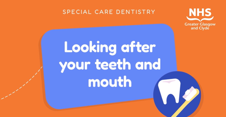 Cartoon image with text saying 'looking after your teeth and mouth'. In the corner a small circular inset image showing a cartoon image of a tooth and a toothbrush with a blob of toothpaste