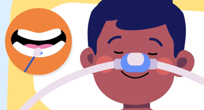 Cartoon image of a young boy receiving inhalation sedation, with a circular inset showing anaesthetic gel being placed in a patient's mouth