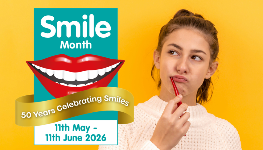Young woman on the right with a red toothbrush in her mouth, while looking at the Smile Month logo to the left, which has been superimposed on the image.