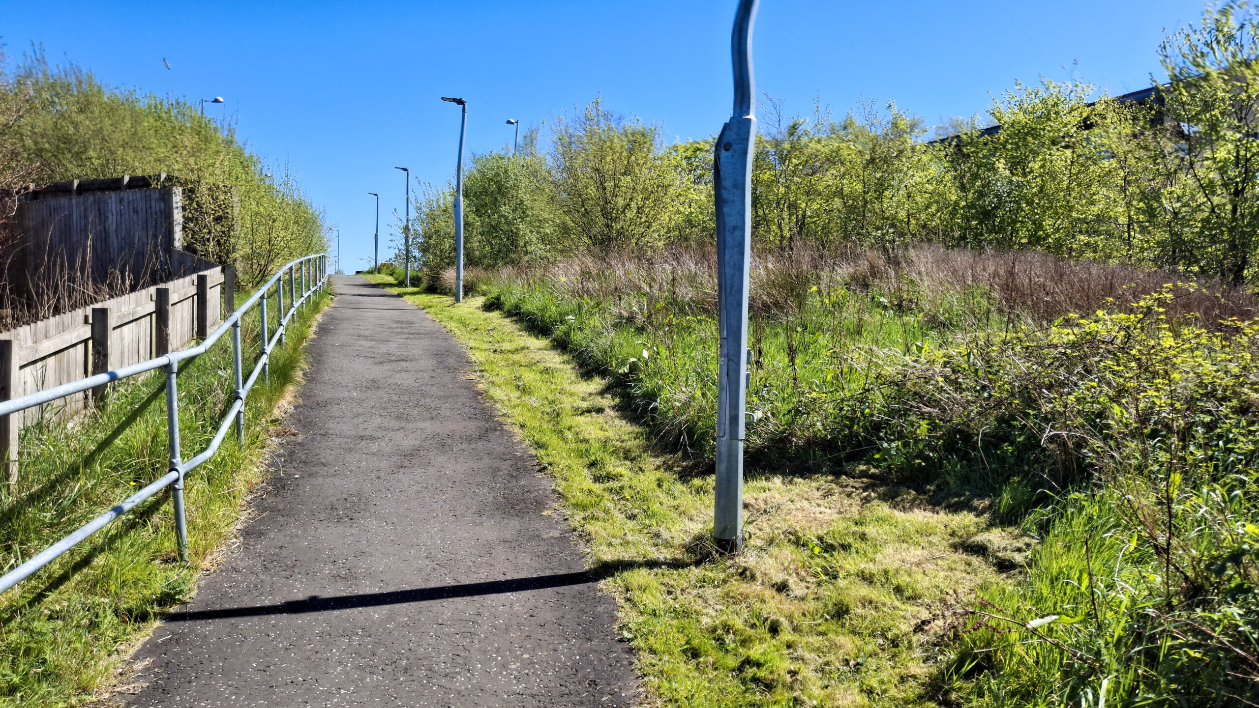 A path through the new Stobhill grounds, with border on the left hand side behind a handrail left uncut. On the right hand side of the path a large area has been left to grow wild.