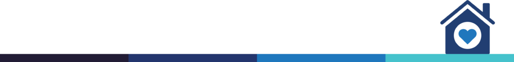 Coloured bar showing four shades of blue. House icon with a heart in the window to represent virtual hospital.