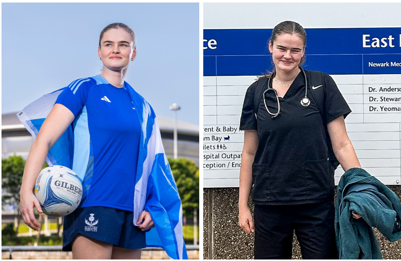 Montage image of Rachel Conway in her blue Team Scotland outfit on the left and in her black medical student uniform on the right